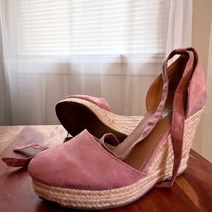 Rose blush pink lace up wedge heels size 8